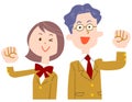 Male and female students in beige blazers doing a guts pose