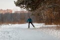 Image of male skier in blue jacket in winter park Royalty Free Stock Photo