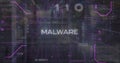 Image of malware, binary codes, computer language, binary codes over server room Royalty Free Stock Photo