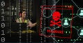 Image of malware text, binary coding and caucasian female it engineer by computer servers
