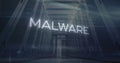 Image of malware text and computer language over low angle view of server room