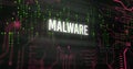 Image of malware text over network and binary data processing on black background Royalty Free Stock Photo
