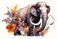 Image of a mammoth surrounded by colorful tropical flowers. Animals. Illustration, Generative AI