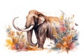 Image of a mammoth surrounded by colorful tropical flowers. Wildlife Animals. Illustration, Generative AI