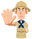 A man dressed as an explorer makes a restraining gesture upper body