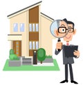 A man and a house in a suit holding documents and looking through a magnifying glass Royalty Free Stock Photo