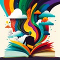 An image of man reading an open book with colorful clouds. Generative AI Royalty Free Stock Photo