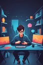 Man Sitting at Desk With Two Computer Monitors. Generative AI. Royalty Free Stock Photo