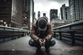 Image Of Man Sitting On Bench In The City With His Head Down And Hands Covering His Face, Appearing To Be Stressed Or Overwhelmed