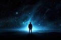 image of man standing in planet in front of glowing beam generative AI Royalty Free Stock Photo