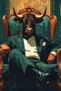 Image of man in suit and top hat sitting on ornate chair with bull horns on his head. Generative AI Royalty Free Stock Photo