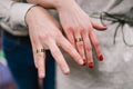 Image of a man and woman with a wedding ring. Wedding day ceremony. Newlyweds hands with wedding rings. Wedding couples Royalty Free Stock Photo