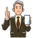 A managerial man holding a smartphone and thumbs up