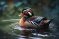 Image of a mandarin ducks are playing in the pond. Wildlife. Animals. illustration, generative AI