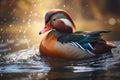 Image of a mandarin ducks are playing in the pond. Wildlife. Animals. illustration, generative AI
