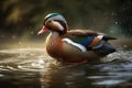 Image of a mandarin ducks are playing in the pond. Wildlife. Animals. illustration, generative AI