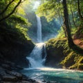 Many waterfalls flowed with plastic roads in the forest.