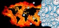 Image of a map of the world surrounded on all sides by a raging flame. Silhouette of a man consisting of watch dials Royalty Free Stock Photo