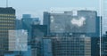 Image of maps, lines and soundwaves over aerial view of modern buildings in background