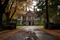 image of a massive tudor mansion with a long, tree-lined driveway Royalty Free Stock Photo