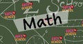Image of math and back to school text over mathematical equations on green background