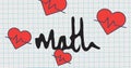 Image of math text and falling hearts in school notebook