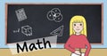 Image of math text over schoolgirl icon over blackboard