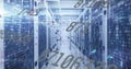 Image of mathematical equations and data processing over server room Royalty Free Stock Photo
