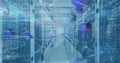 Image of mathematical equations and data processing over server room Royalty Free Stock Photo