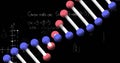 Image of mathematical formulae and DNA strain floating on black background