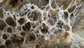 An image of mature mycelium with a large of sporebearing structures fruiting bodies visible at its center. These will