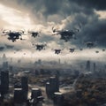 Mechanical Menace: A Futuristic Image of Drones Approaching a City Skyline, created with Generative AI technology Royalty Free Stock Photo