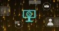 Image of media icons and globe over binary coding