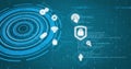 Image of media icons over circular scanner and data processing on dark interface Royalty Free Stock Photo