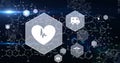 Image of medical icons and chemical formula with data processing over black background Royalty Free Stock Photo