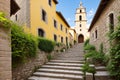 Medieval stone stairs leading to the church of Sant Marti Sacosta in the old town of Girona, Girona Royalty Free Stock Photo