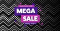 Image of mega sale text on purple and pink banners and zig zag pattern on black background Royalty Free Stock Photo