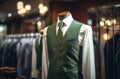 an image of men& x27;s suits in a boutique fashion store with a vest and tie Royalty Free Stock Photo