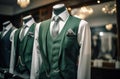 an image of men& x27;s suits in a boutique fashion store with a vest and tie Royalty Free Stock Photo