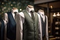 an image of men& x27;s suits in a boutique fashion store with a vest and tie Royalty Free Stock Photo