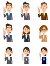 Men`s and women`s upper body set of office workers who raise their index fingers and explain