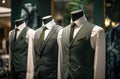 an image of men& x27;s suits in a boutique fashion store with a vest and tie Royalty Free Stock Photo