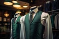 an image of men& x27;s suits in a boutique fashion store with a vest and tie Royalty Free Stock Photo