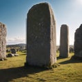 a big megalith stone standing in a field.