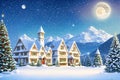 Merry Christmas greeting card design with buildings, Christmas tree, snow, mountain and moon made with