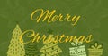 Image of merry christmas text with trees and gift boxes over abstract pattern Royalty Free Stock Photo