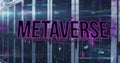 Image of metaverse text over soundwaves against server racks in server room