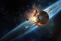 Image of meteorite crashing into planet in space. Elements of this image furnished by NASA, Star falling into earths orbit burning