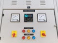 Image of meter indicator on the door low voltage switchboard. Selective focus.