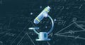 Image of microscope over mathematical equations on blue background